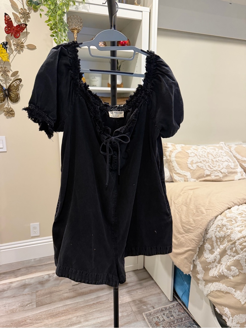 We The Free Black Puff Sleeve Tie-Front Blouse